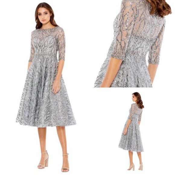 MAC DUGGAL 20252 High Neck Elbow Sleeve Embellished A-Line Dress Size 12 Silver - Picture 1 of 11